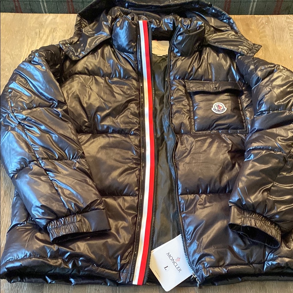 Moncler Black Shiny Puffer Jacket with Red and White Trim